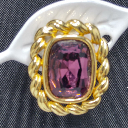 Swarovski S.A.L. Earrings, Purple Crystal Clip Ons, Gold Rope Design, 1970s Vintage Jewelry