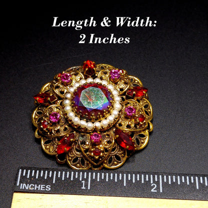 West Germany Red Fire Polished Filigree Brooch, Faux Pearls, 1950s Vintage Jewelry