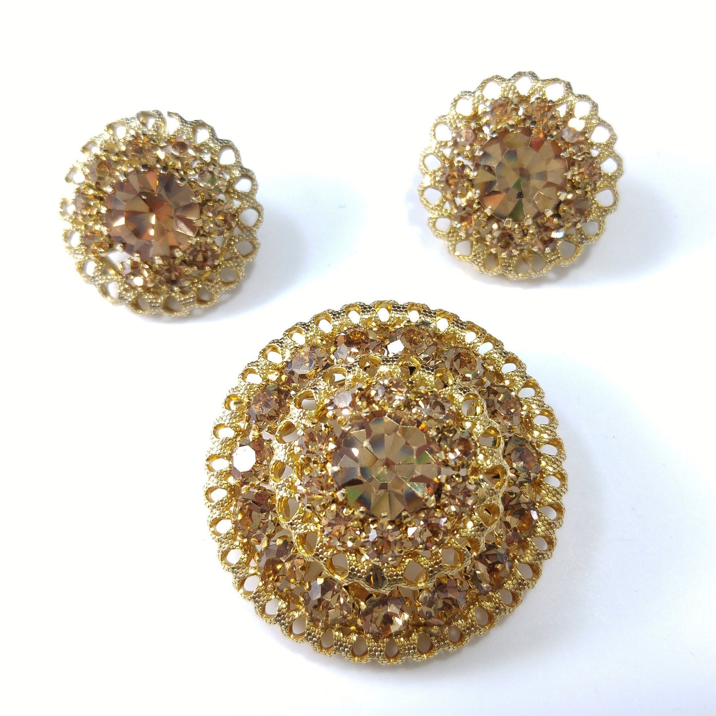 Vintage Austrian Crystal Light Topaz Domed Brooch Earrings Set, Gold Plated 1950s Vintage Jewelry