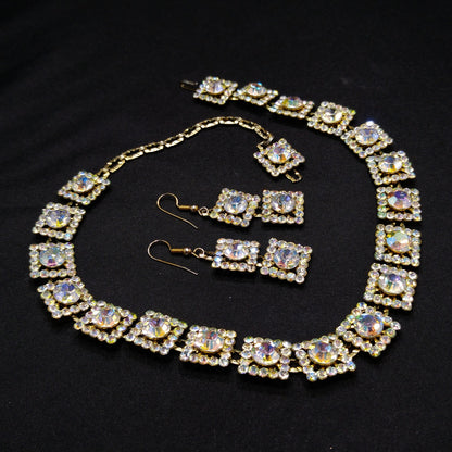 Vintage 1960s Aurora Borealis Rhinestone Necklace & Earrings Set – Square Links