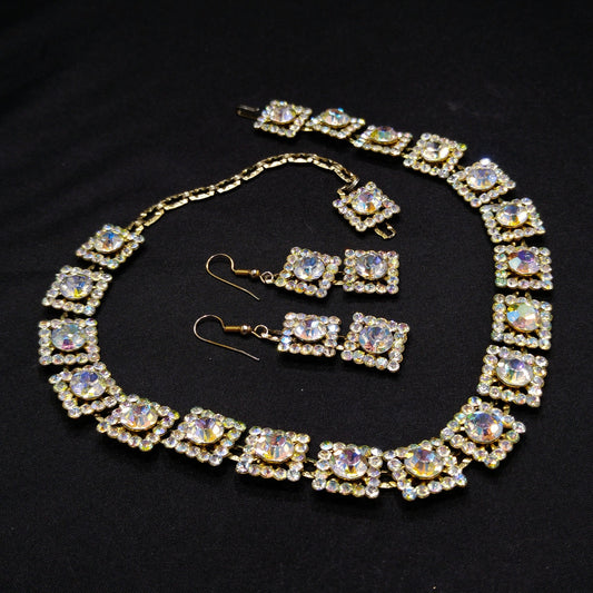 Vintage 1960s Aurora Borealis Rhinestone Necklace & Earrings Set – Square Links