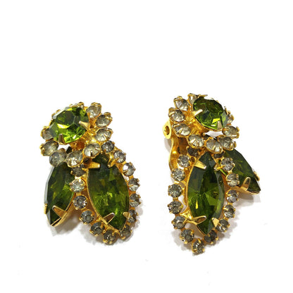 Weiss Green Clear Rhinestone Earrings, Gold Plated, 1960s Vintage Jewelry
