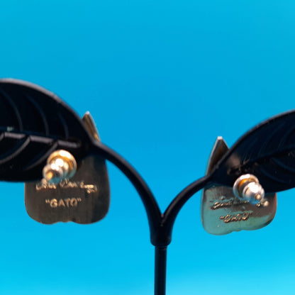 Laurel Burch "Gato" Cat Post Earrings, Enamel Cloisonne, Gold Plated, 1980s Vintage Jewelry