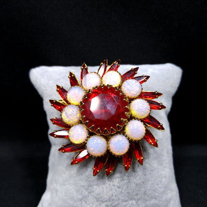 Vintage Judy Lee Faux Fire Opal Red Rhinestone Brooch, Gold Plated, 1960s