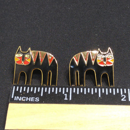 Vintage Laurel Burch Black Cat Post Earrings, Black Red Enamel, Gold Plated