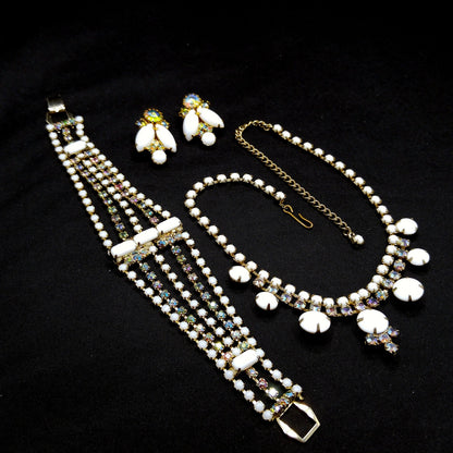 Vintage Milk Glass Jewelry Set, Necklace Bracelet Clip Earrings, Aurora Borealis, 1960s Vintage Jewelry