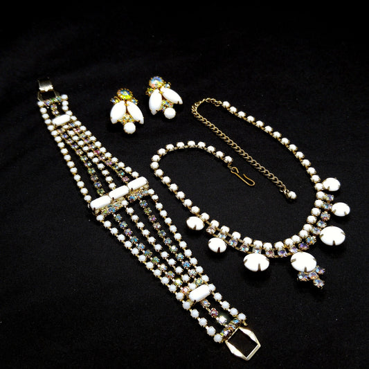 Vintage Milk Glass Jewelry Set, Necklace Bracelet Clip Earrings, Aurora Borealis, 1960s Vintage Jewelry