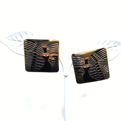 Laurel Burch "Moondoves" Post Earrings, Black Birds, Gold Plated, 1980s