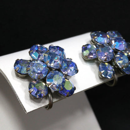 Weiss Blue Aurora Borealis Earrings, Screw Back Gold Plated, 1950s Vintage