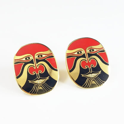 Vintage Laurel Burch "Eiko" Mask Earrings, Red Tribal Pierced Earrings, 1990s