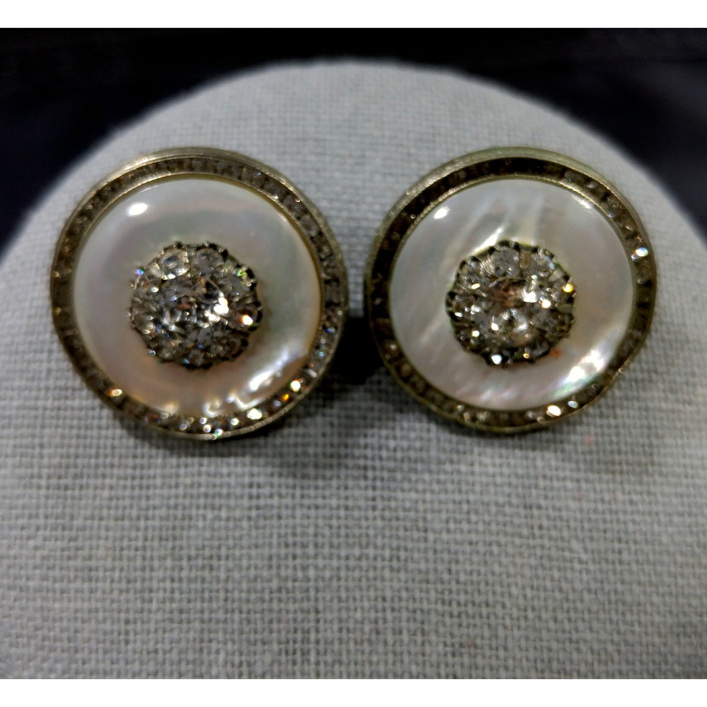 Mother of Pearl Rhinestone Jewelry, Necklace & Clip Earring Set, 1940s Vintage