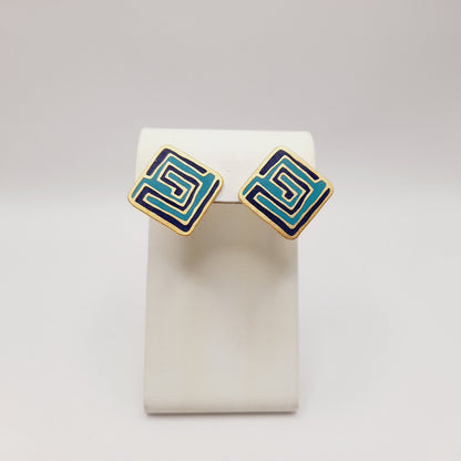 Laurel Burch “Mystery” Earrings – Vintage Enamel Geometric Post Earrings, Signed