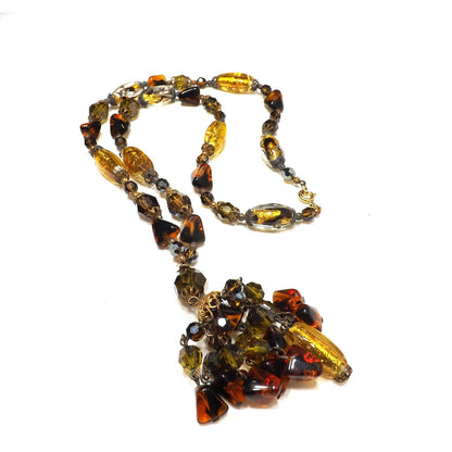 Gold Foil Art Glass Autumn Beaded Necklace, Multi-strand Tassel, 1970s Vintage Jewelry