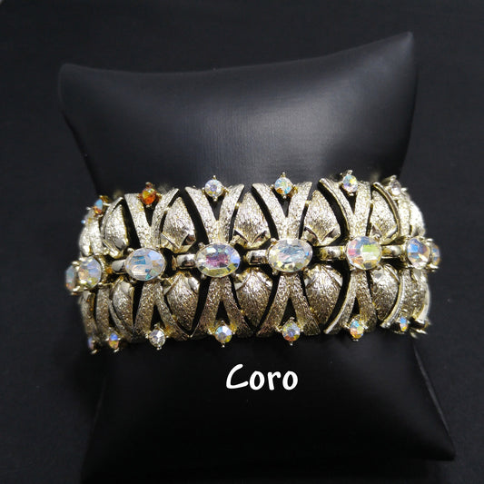Coro Pegasus Aurora Borealis Wide Bracelet, Gold Plated, 1950s Vintage Jewelry