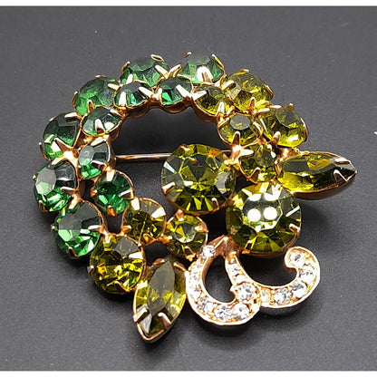 Vintage Weiss Green Rhinestone Brooch, Gold Plated, 1960s, 2"