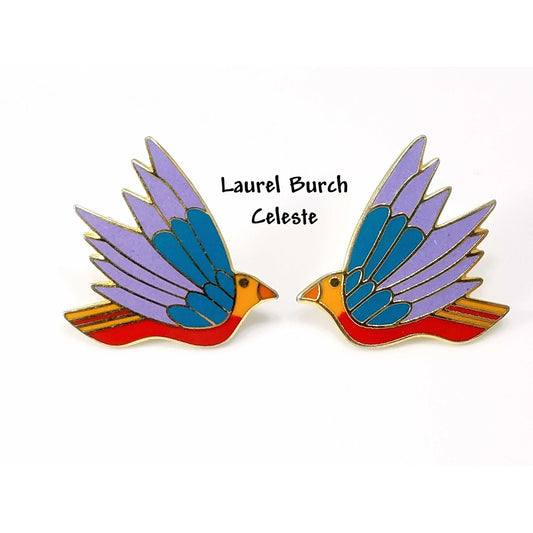 Laurel Burch "Celeste" Bird Earrings, Gold Plated Cloisonne Enamel, 1980s
