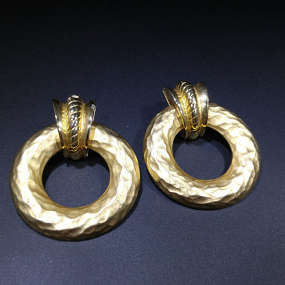 Edwin Pearl Large Runway Post Earrings, Hammered Gold Plate, 1980s Vintage Jewelry