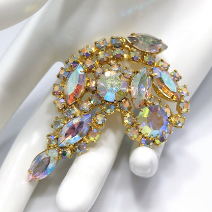 Aurora Borealis Rhinestone Brooch, Gold Plated, AB Clear Rhinestones, 1960s Vintage Jewelry