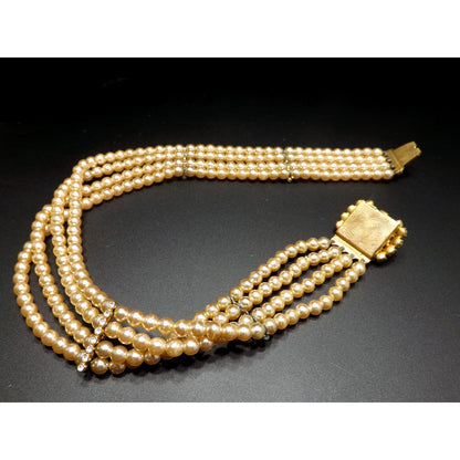 Blue Rhinestone Faux Pearl Collar Necklace, Three Strands, 14 Inches, 1950 Vintage Jewelry