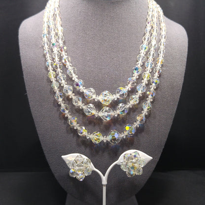 AB Crystal Beaded Necklace Earrings Set, Clear Aurora Borealis Beads, 1950s Vintage Jewelry