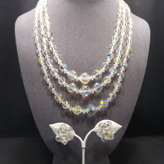 AB Crystal Beaded Necklace Earrings Set, Clear Aurora Borealis Beads, 1950s Vintage Jewelry