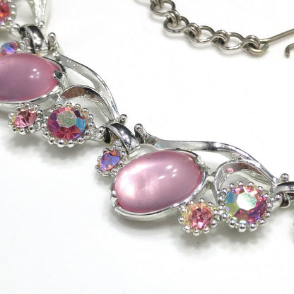 Selro Pink Lucite Necklace & Earrings, Aurora Borealis Pink Rhinestones, 1960s Vintage Jewelry