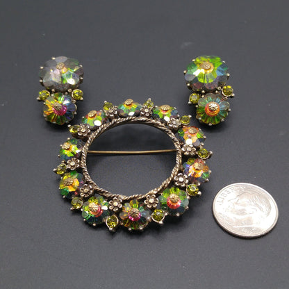 Vintage Weiss Margarita Rhinestone Brooch Earrings Set, Green Rhinestones, 1950s
