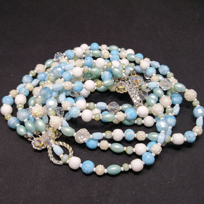Vintage Vendome Six-Strand Blue White Glass Bead Necklace AB Crystals 1960s