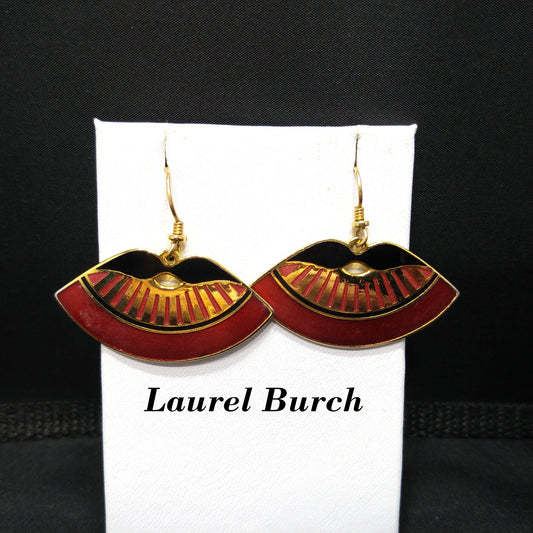 Laurel Burch Metallic Red Fan Earrings, Cloisonne Gold Plate Enamel, 1980s Vintage Jewelry
