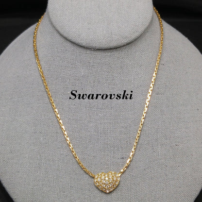 Swarovski Swan Logo Heart Necklace, Pavé Rhinestones, Gold Plated, 1990s Vintage