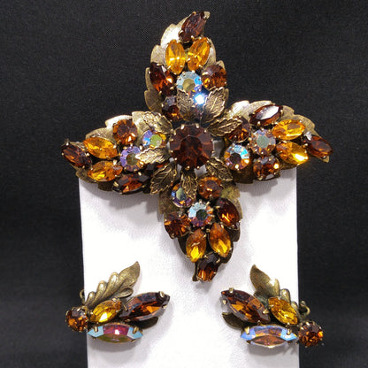 Regency Topaz Brooch Earrings Set, 1950s Vintage Jewelry