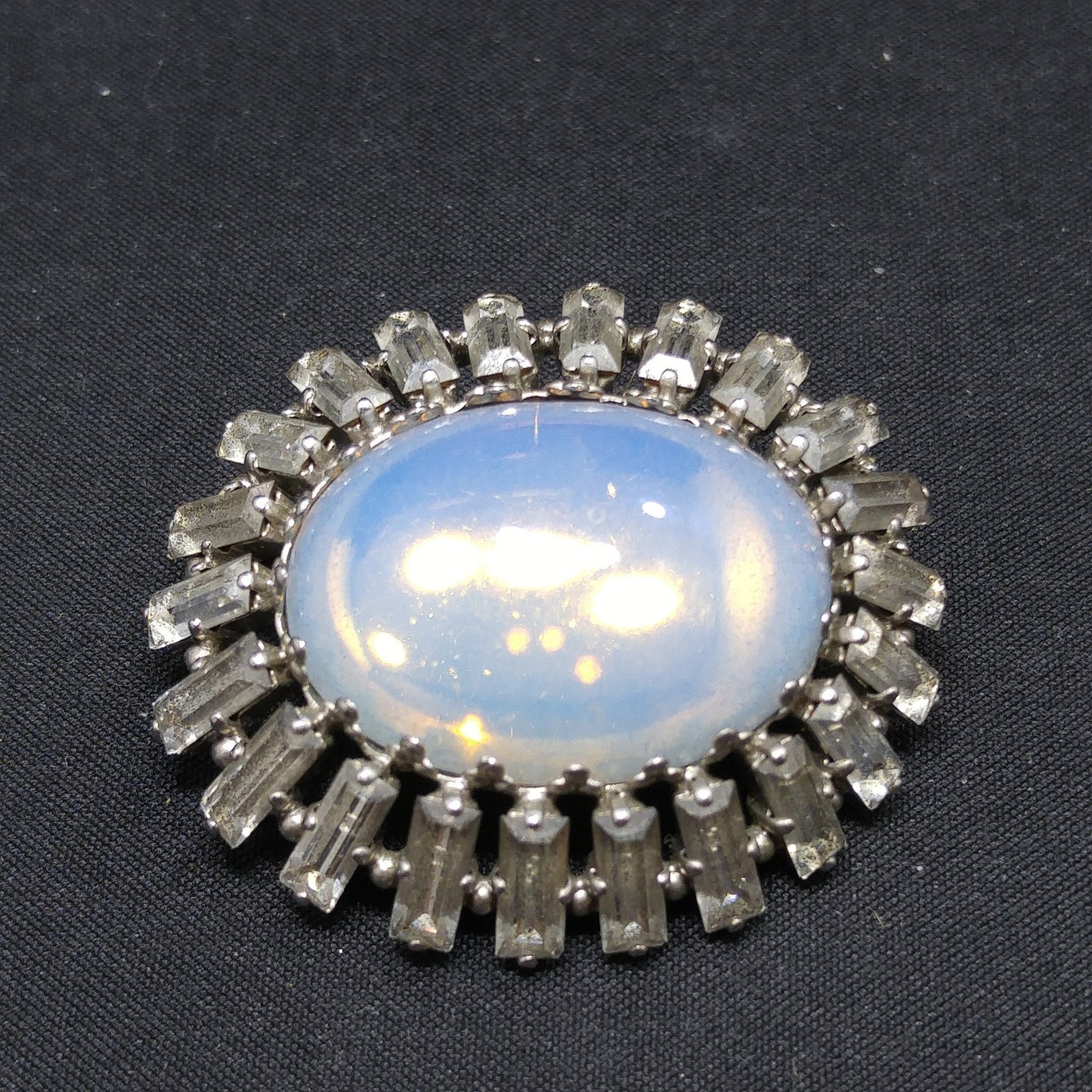 West Germany Faux Moonstone Brooch, Clear Baguettes, 1950s Vintage Jewelry
