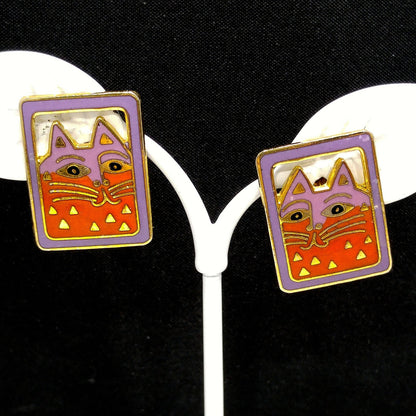 Vintage Laurel Burch "Mallory's Cat" Post Earrings, Gold Plated, Cloisonne
