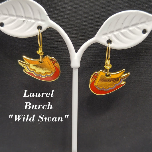 Laurel Burch "Wild Swan" Bird Earrings, Gold Plated, Enamel Cloisonne, 1980s