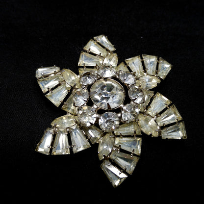 Mid Century Pinwheel Brooch, Clear Rhinestones, Rhodium Plated, 1950s Vintage Jewelry