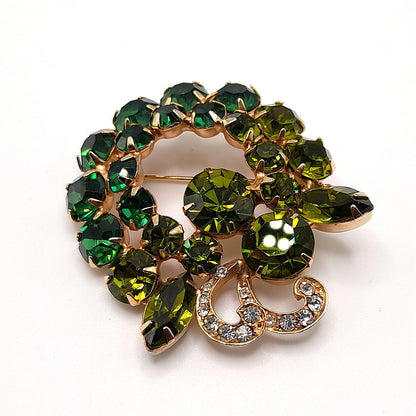 Vintage Weiss Green Rhinestone Brooch, Gold Plated, 1960s, 2"