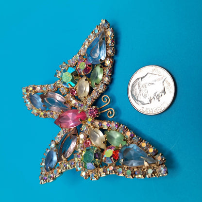 Vintage Weiss Butterfly Brooch, Pastel Rhinestones, Gold Plated, 1960s Jewelry