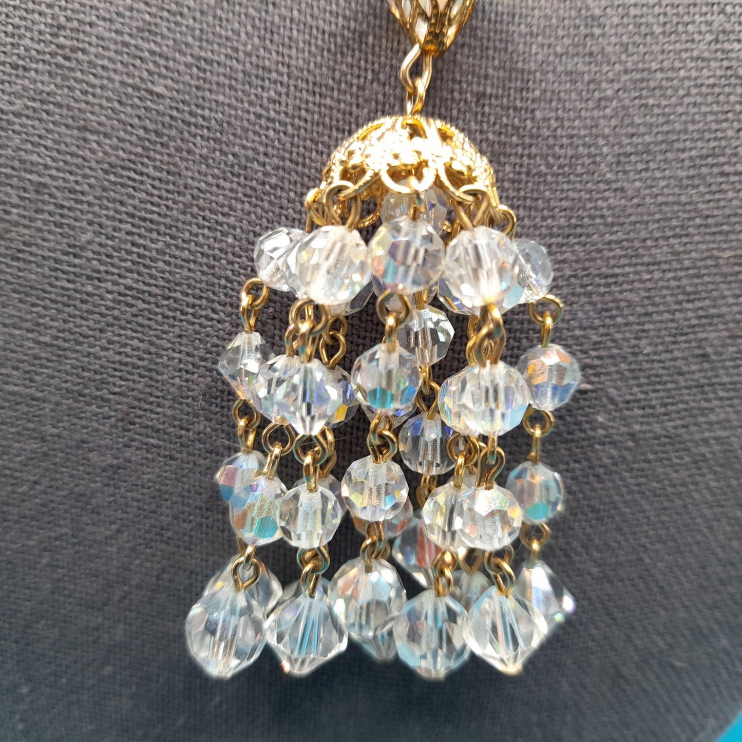 Clear Aurora Borealis Tassel Necklace, Bicone Round Aspirin Crystal Beads, 1960s Vintage Jewelry