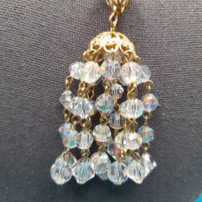 Clear Aurora Borealis Tassel Necklace, Bicone Round Aspirin Crystal Beads, 1960s Vintage Jewelry