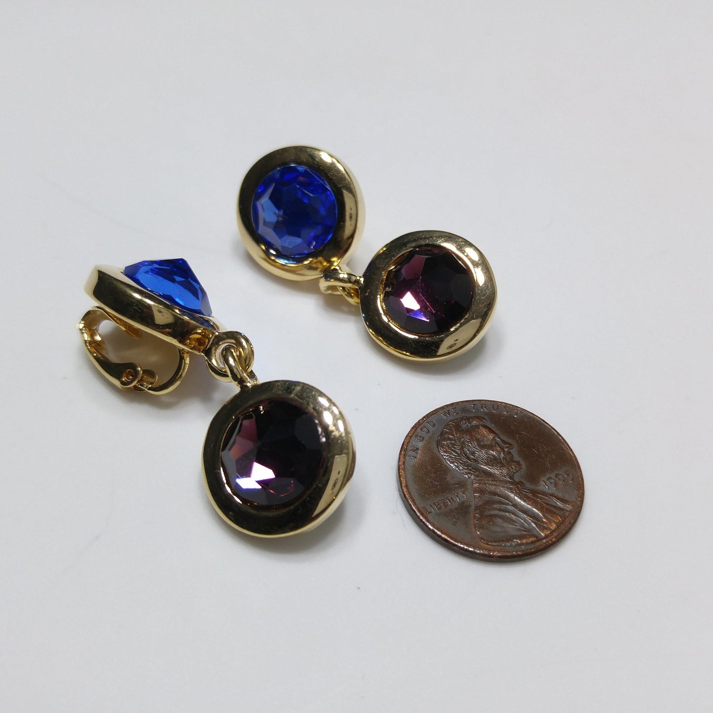 Swarovski Gold Plated Drop Earrings, Blue Green Purple Crystals, Vintage 1990s Swan Logo