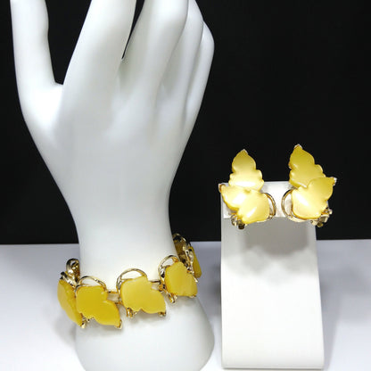 Yellow Thermoset Leaves Bracelet & Earrings, Gold Plated, Ear Climbers, 1960s Vintage Jewelry