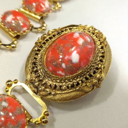 Book Chain Orange Gold Cabochon Lucite Belt or Long Necklace, Gold Robin's Egg Cabs, 36", 1960s Vintage Jewelry