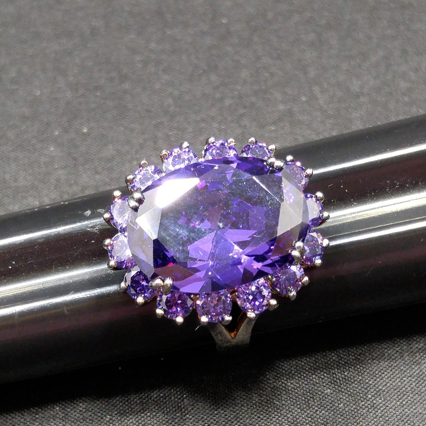Vintage Sterling Silver Purple CZ Oval Cocktail Ring Size 9 1990s Statement
