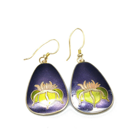 Vintage Laurel Burch Water Lily Earrings, Dark Blue Pink Green Enamel