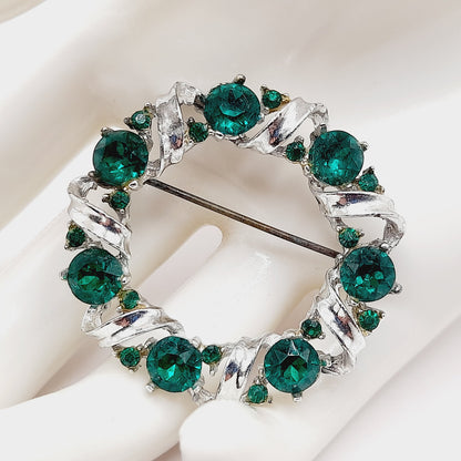 Vintage Emerald Green Wreath Brooch, Rhodium Plated 1.5 Inch Holiday Pin
