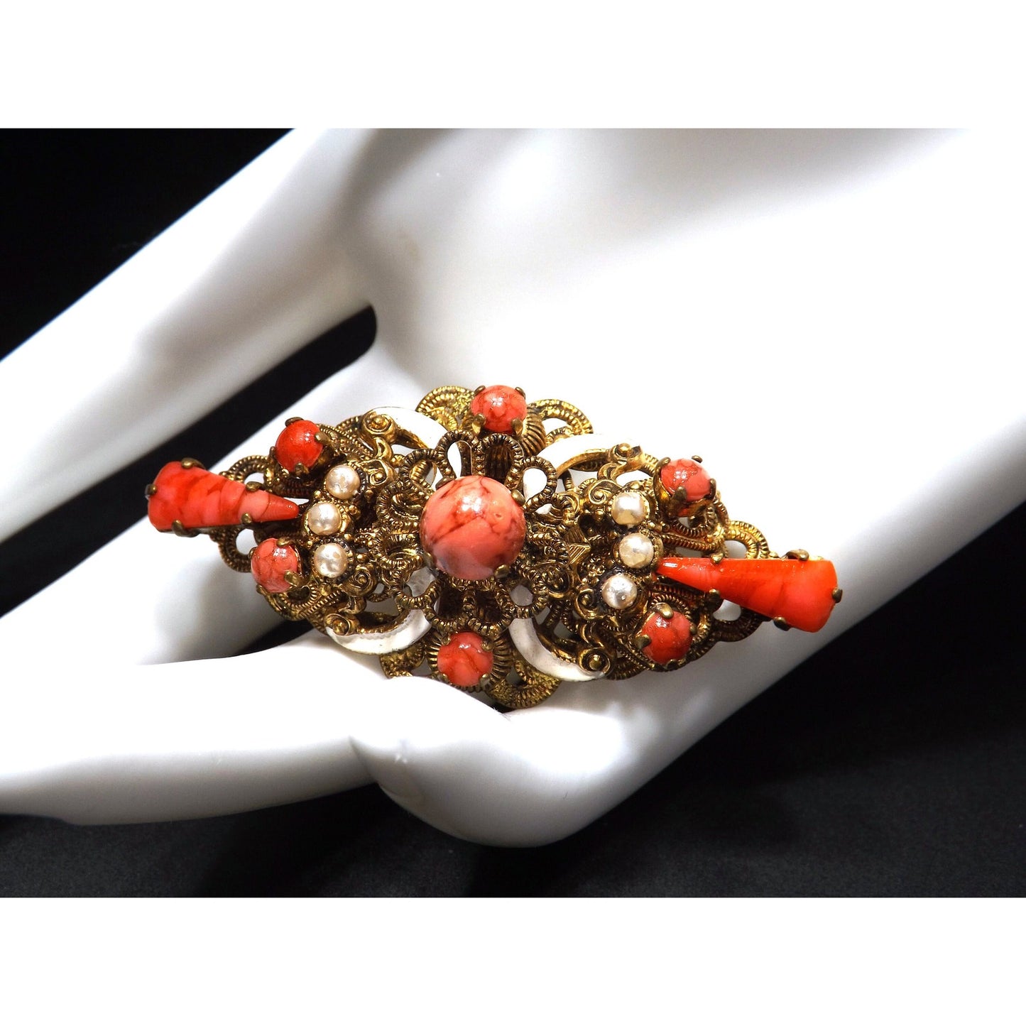 Germany Orange Art Glass Filigree Brooch, Faux Pearls, White Enamel, 1940s Vintage Jewelry