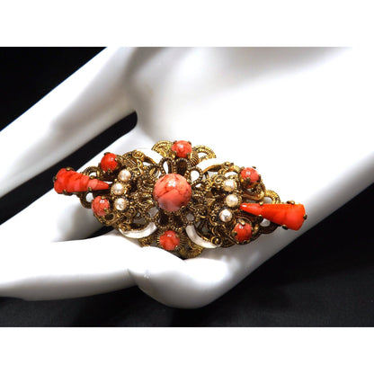 Germany Orange Art Glass Filigree Brooch, Faux Pearls, White Enamel, 1940s Vintage Jewelry