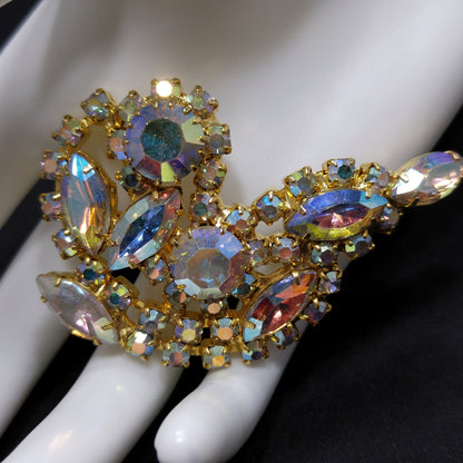 Aurora Borealis Rhinestone Brooch, Gold Plated, AB Clear Rhinestones, 1960s Vintage Jewelry