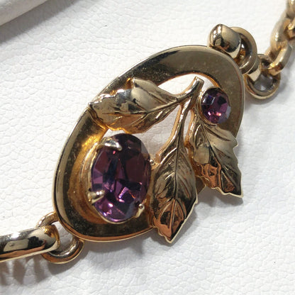 Purple Rhinestone Floral Necklace & Screw Back Earrings, Gold Plated, 1940s Vintage Jewelry