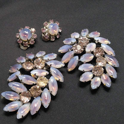 Twin Faux Opal Rhinestone Brooches & Earrings, Rhodium Plated, 1960s Vintage Jewelry